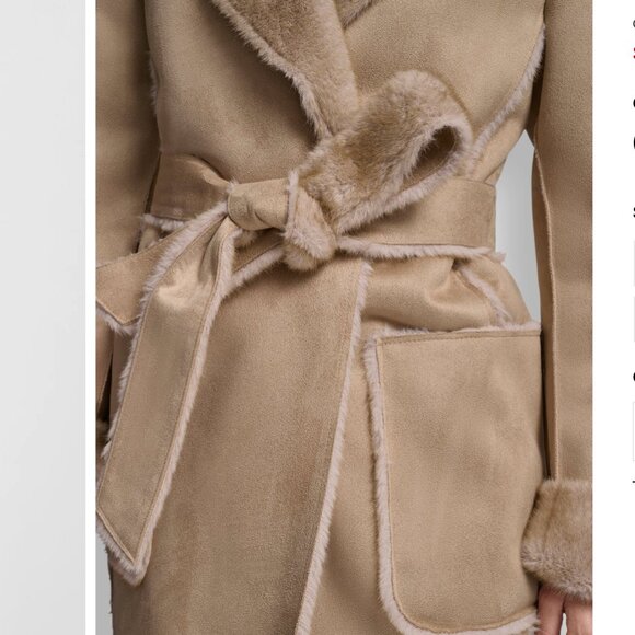 NWT DKNY Women's Belted Notched-Collar Faux-Shearling Coat - Picture 5 of 7